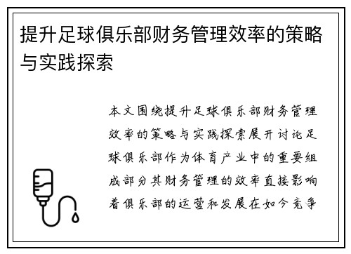 提升足球俱乐部财务管理效率的策略与实践探索